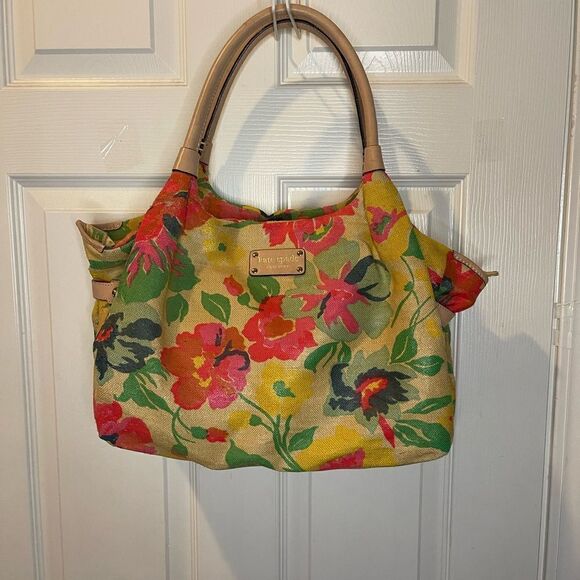 Kate Spade Burlap painted floral prints shoulder bag tan leather straps &trims - Picture 3 of 16